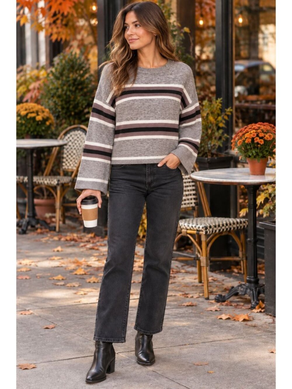 Cupcakes and Cashmere Amour Striped Sweater Women's M Gray Wide Sleeve NWOT